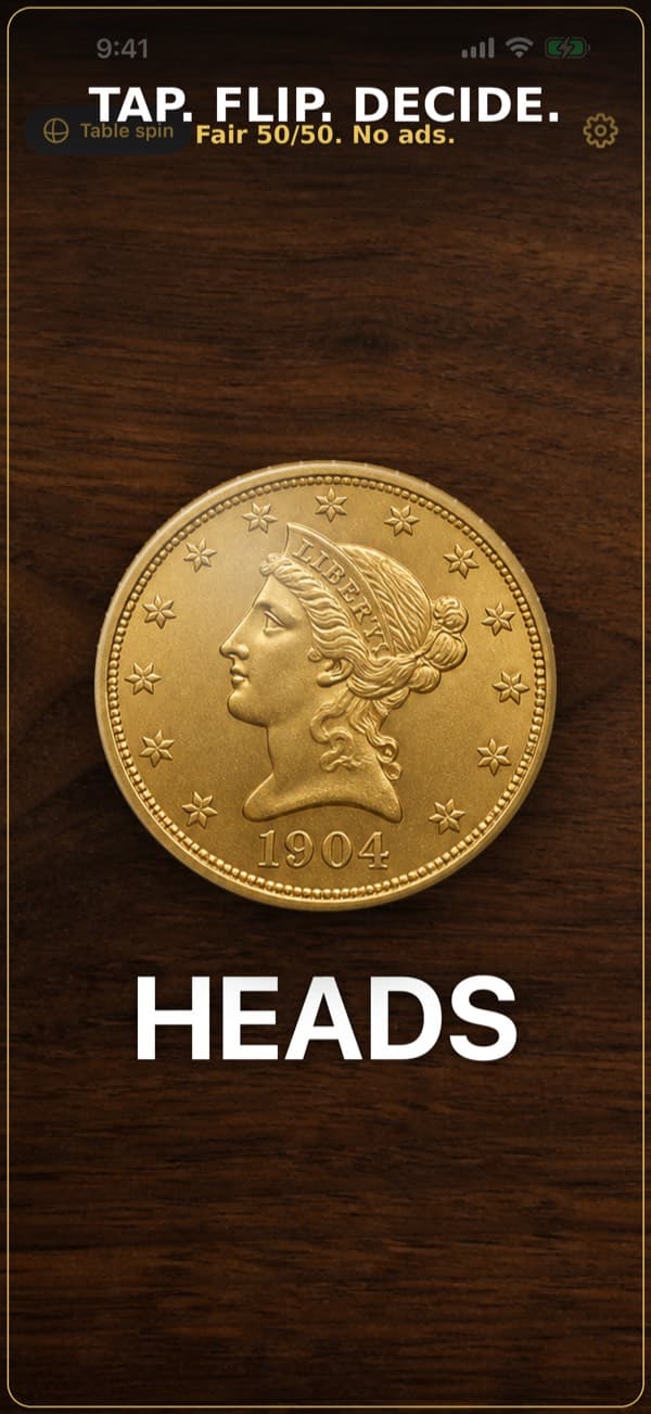 Flip showing a gold coin on a wood table, landed on heads