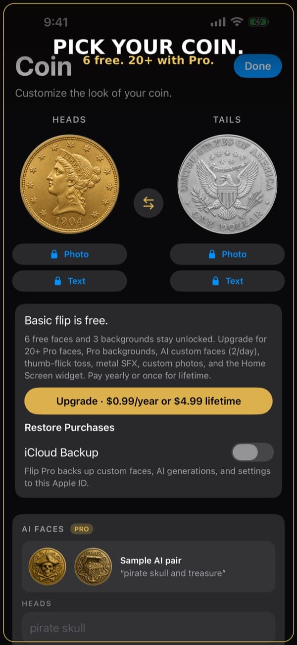 Flip's coin screen with heads and tails faces and the Pro upgrade card