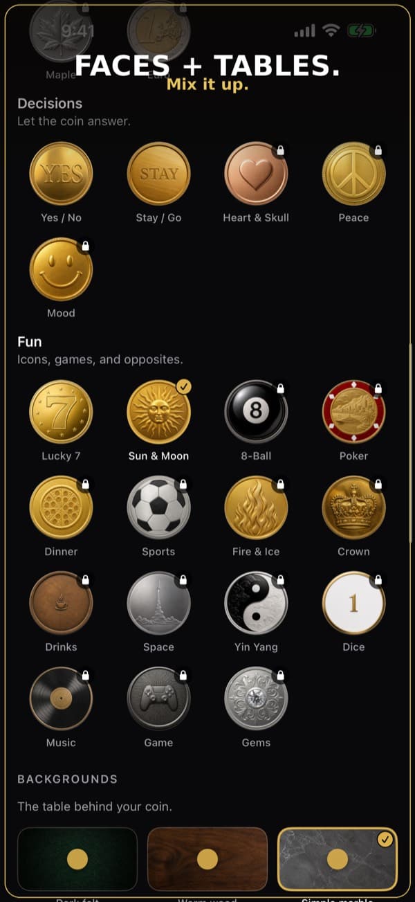 Flip's grid of coin face pairs and table backgrounds