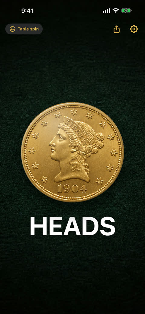 Flip showing a coin landed on heads