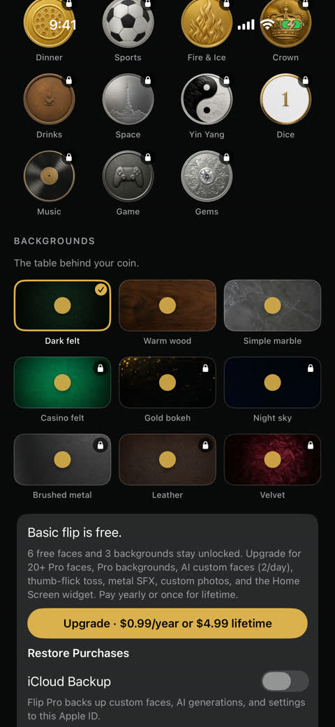 Flip's picker of table backgrounds, with Pro items marked