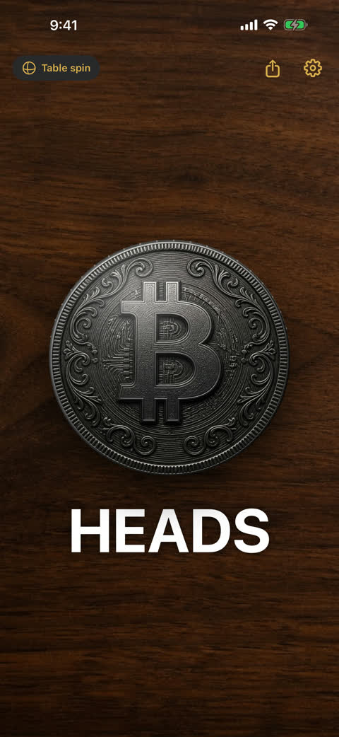 Flip showing a Bitcoin coin on a wood table